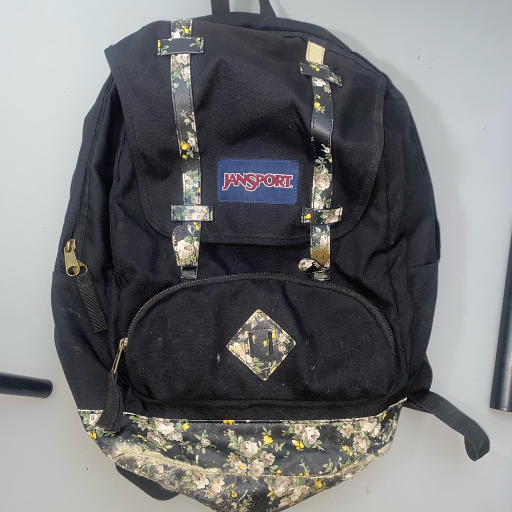 JanSport Black Backpack with Floral Accents